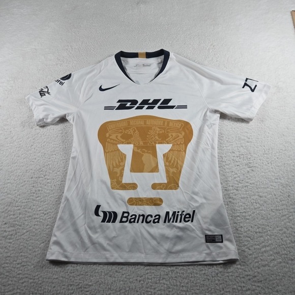 Nike Pumas UNAM Soccer Jersey White Gold Blue Dri Fit Mens Small 2018 Authentic